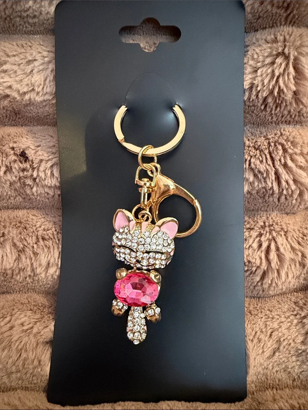 Sparkling Cat Keychain with Pink Gem